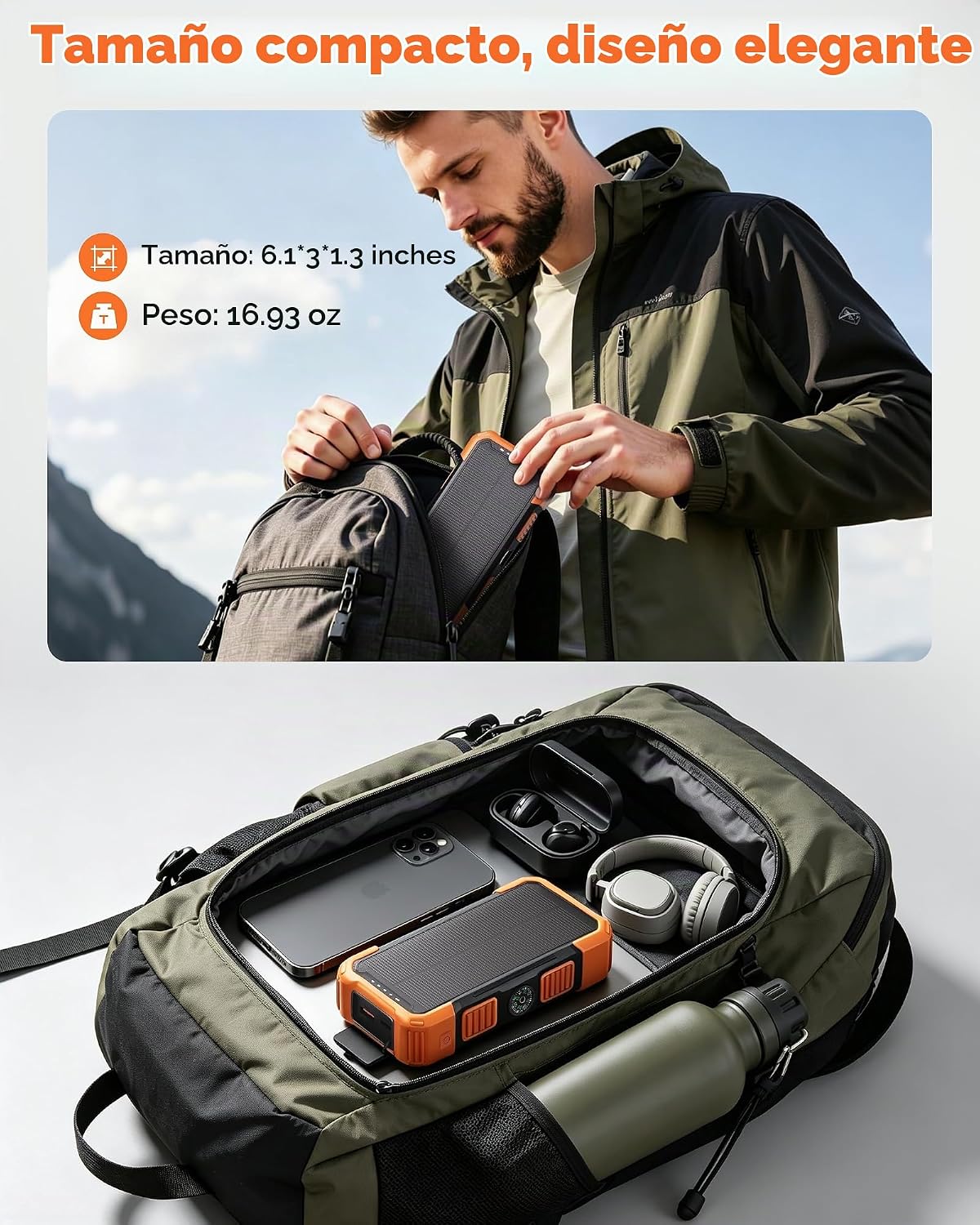 GULLVEN Cargador solar de 20000 mAh con 3 cables integrados, cargad...