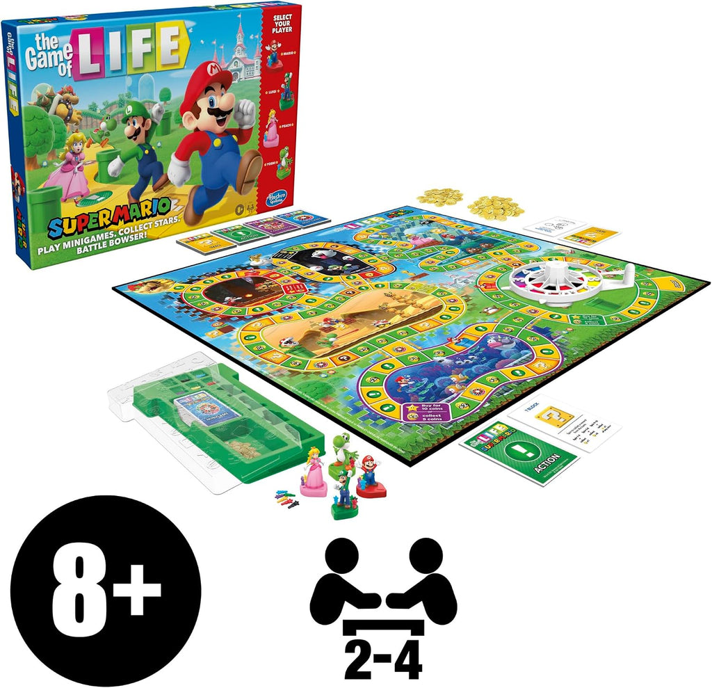 Hasbro Gaming El juego de la vida: Edición Super Mario Juego de mesa para niños de 8 años en adelante, juega minijuegos, recoge estrellas, batalla contra Bowser