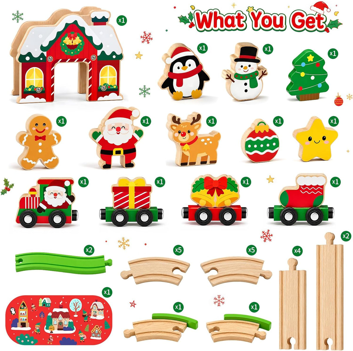 Juego de tren de madera de Navidad para niños, juguetes con manual de instrucciones (idioma español no garantizado), juguetes educativos STEM, regalos de Navidad