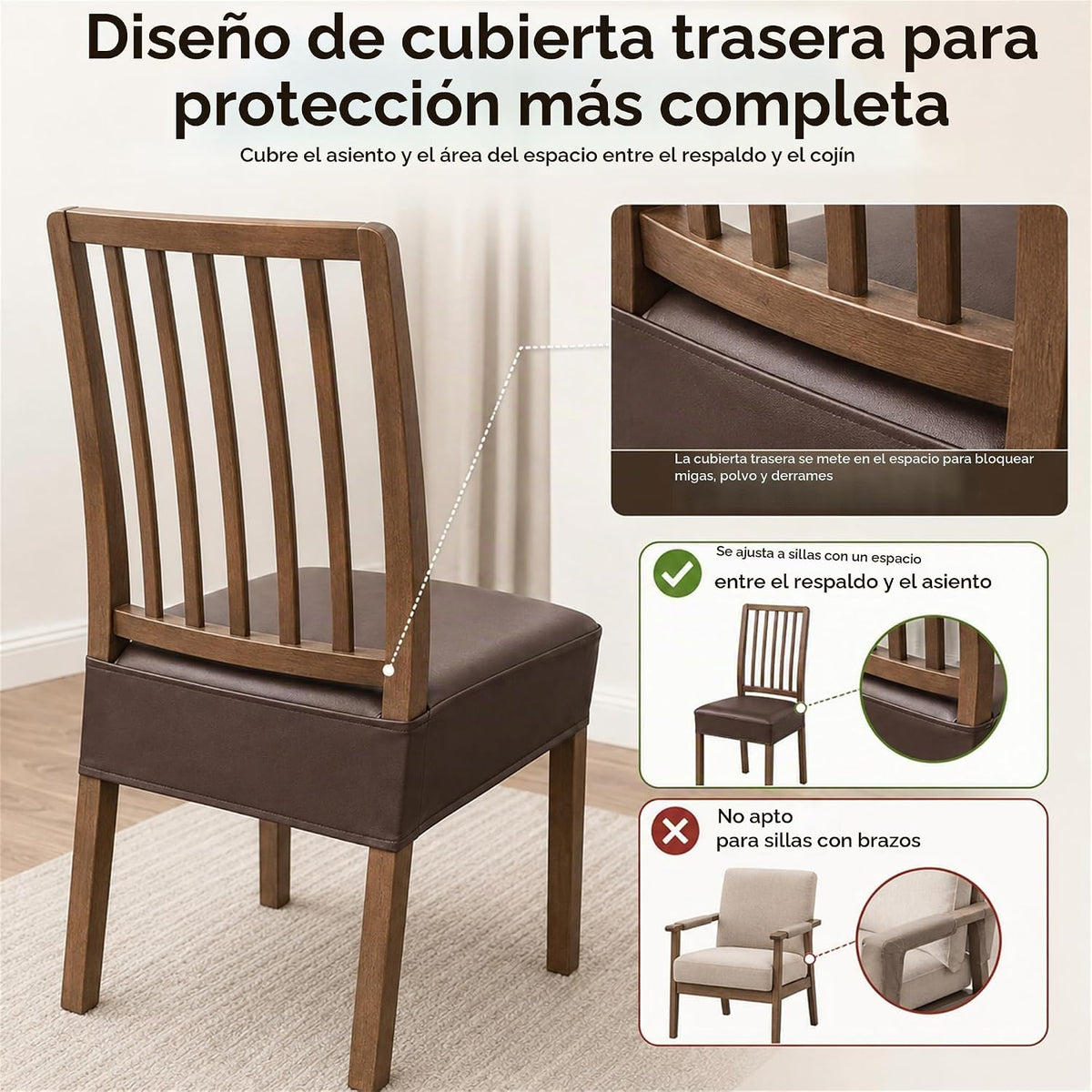 Fundas impermeables para asientos de sillas de comedor, Pack de 4 color café, grande