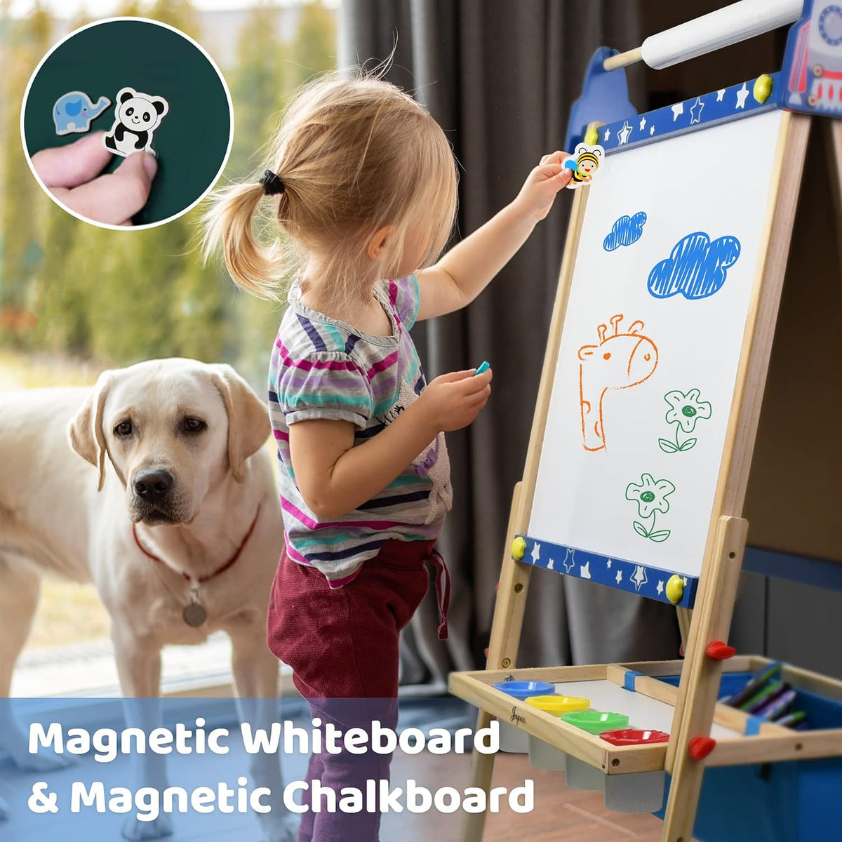 Joyooss - Caballete de arte para niños, caballete de pie ajustable para niños con tablero magnético y pizarra, pizarra magnética para niños, caballete de arte con 2 rollos de papel, pinturas para