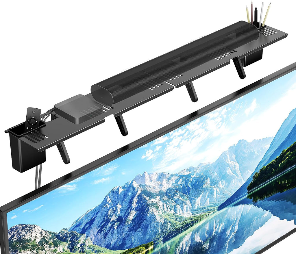 Soporte para barra de sonido, estante superior de TV de acero sin perforaciones con cajas de almacenamiento, soporte de barra de sonido de hasta 15 libras, soporte universal para barra de sonido para