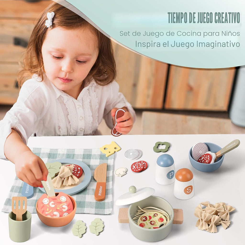 Juego de cocina de madera, juguetes de accesorios de cocina de simulación para niños y niños pequeños, incluye platos de juego, olla y sartén, utensilios, regalos para niñas y niños de 3, 4