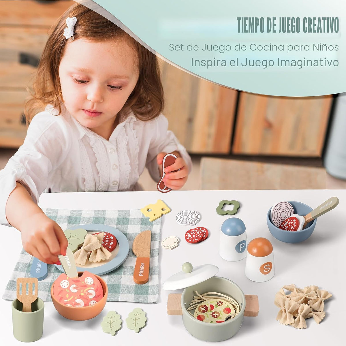 Juego de cocina de madera, juguetes de accesorios de cocina de simulación para niños y niños pequeños, incluye platos de juego, olla y sartén, utensilios, regalos para niñas y niños de 3, 4