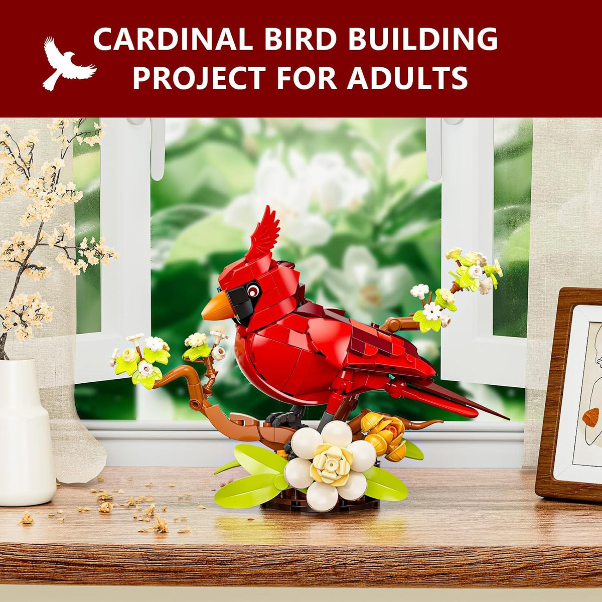 Juego de bloques de construcción de flores de pájaro cardenal del norte para adultos