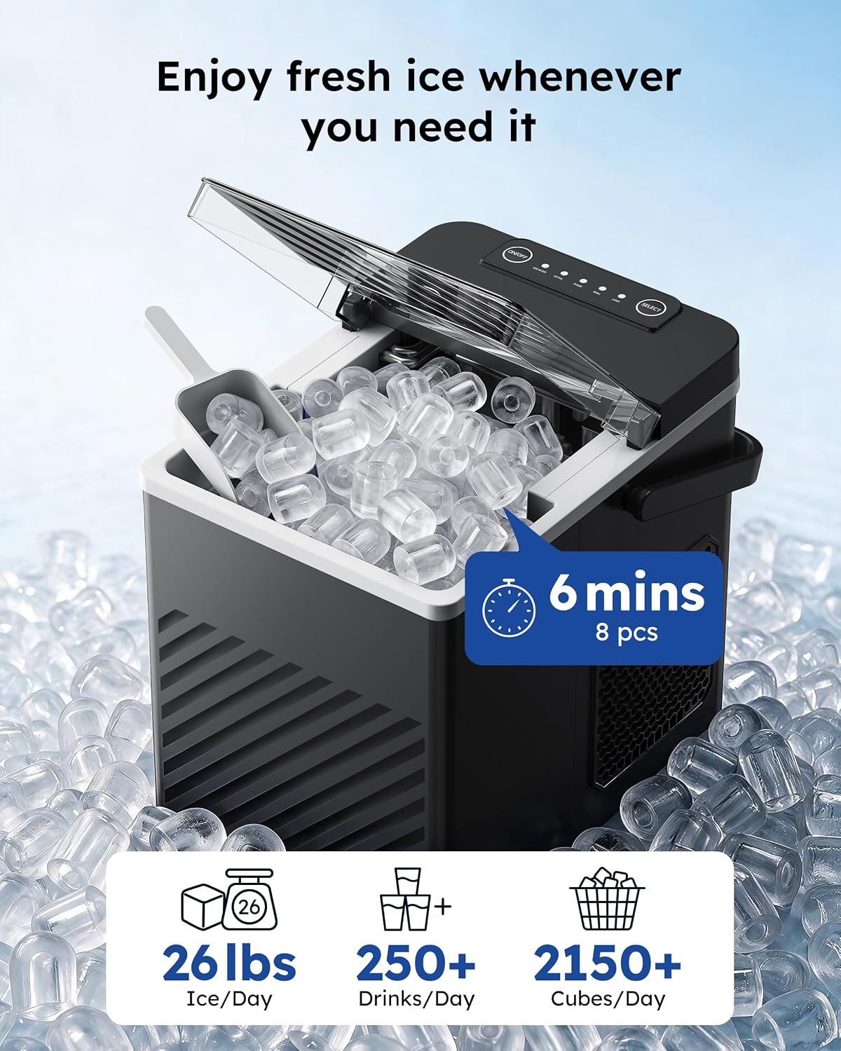 Máquina de hielo compacta para encimera con mango, 26 lbs/24h