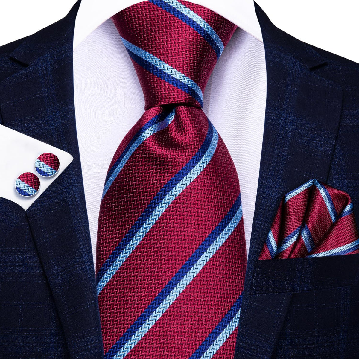 Hi-Tie - Juego de 3 piezas para hombre, incluye corbata, pañuelo de bolsillo, gemelos y pin de solapa, colección de corbata de seda