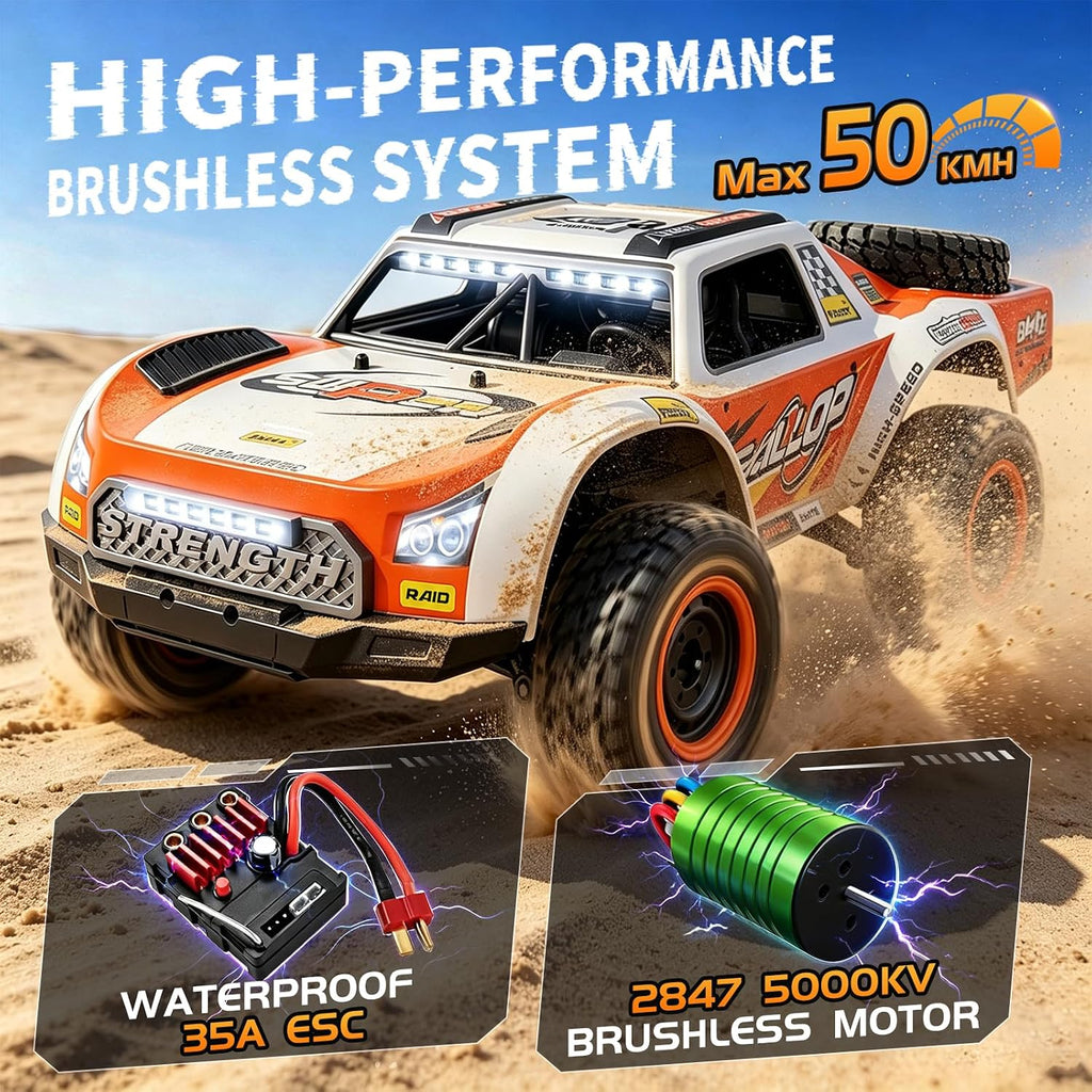 Autos RC rápidos sin escobillas 1/16 para adultos Fast 50+ KMH 4WD Off-Road de alta velocidad sin escobillas de control remoto con 2 baterías LiPo de 7.4V 2000mAh