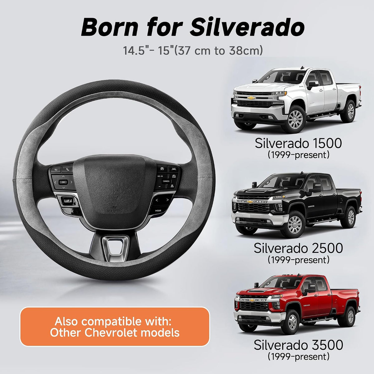 West Llama Funda personalizada para volante de automóvil para Chevy Silverado 1500, 2500, 3500, 14.5-15 pulgadas (gris - tamaño estándar)