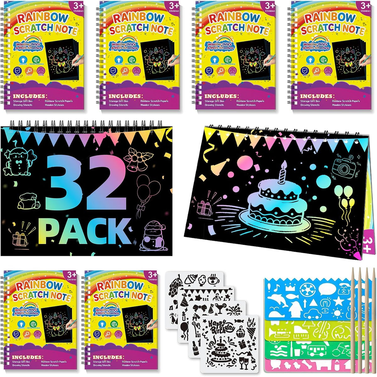 HXDOGSP Scratch Art para niños: paquete de 32 recuerdos de fiesta de papel para rascar arco iris, cuaderno de manualidades adecuado para regalos de cumpleaños, kit de manualidades escolares, premios