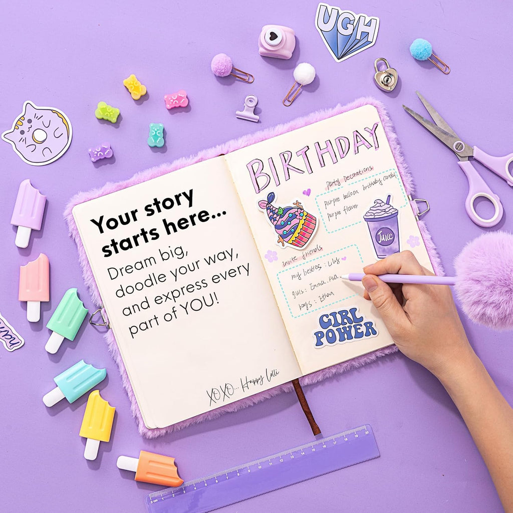 LolliME - Kit de diario de bricolaje morado para adolescentes y niñas de 8 a 14 años, regalo de cumpleaños, juego de diario con cerradura de 300 piezas, artes y manualidades, álbum de recortes y diario creativo