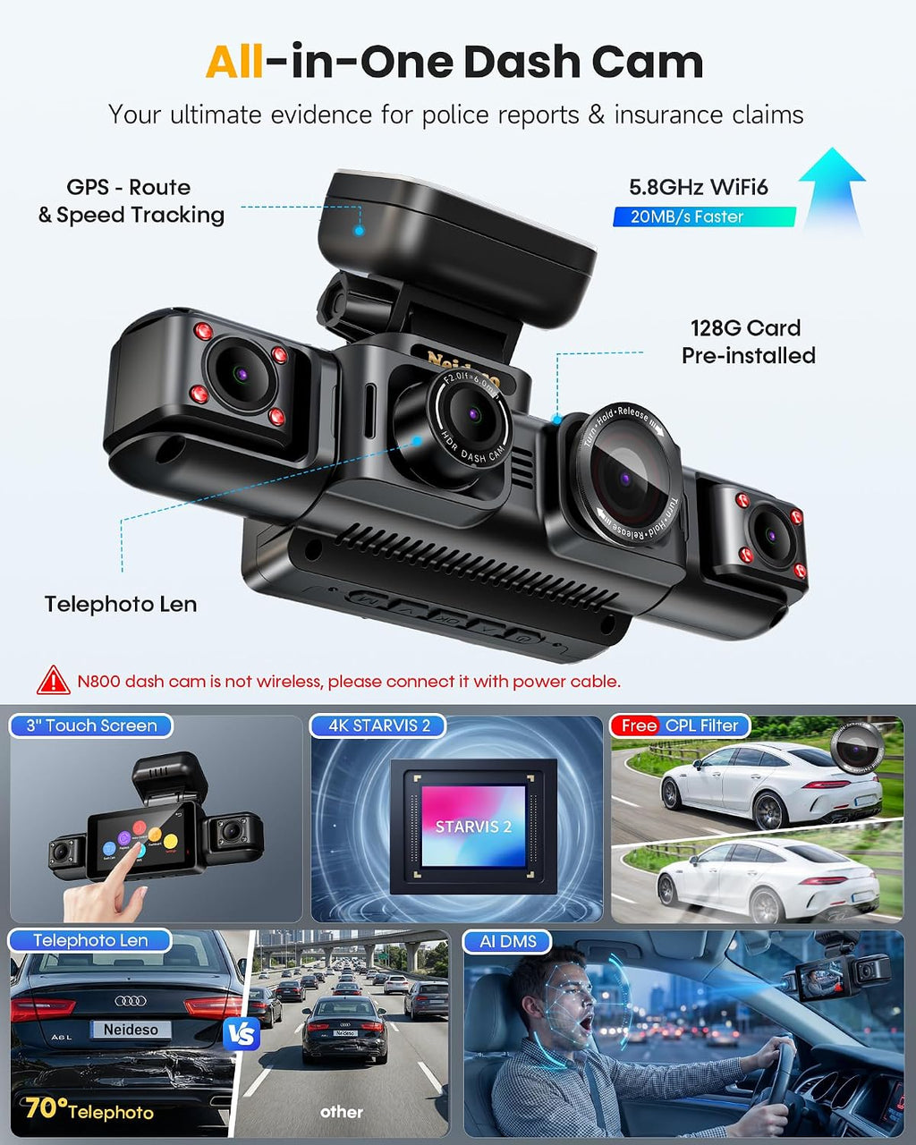 Cámara para tablero 4K de 5 canales con telefoto para detalles con zoom, vista 360°, N800