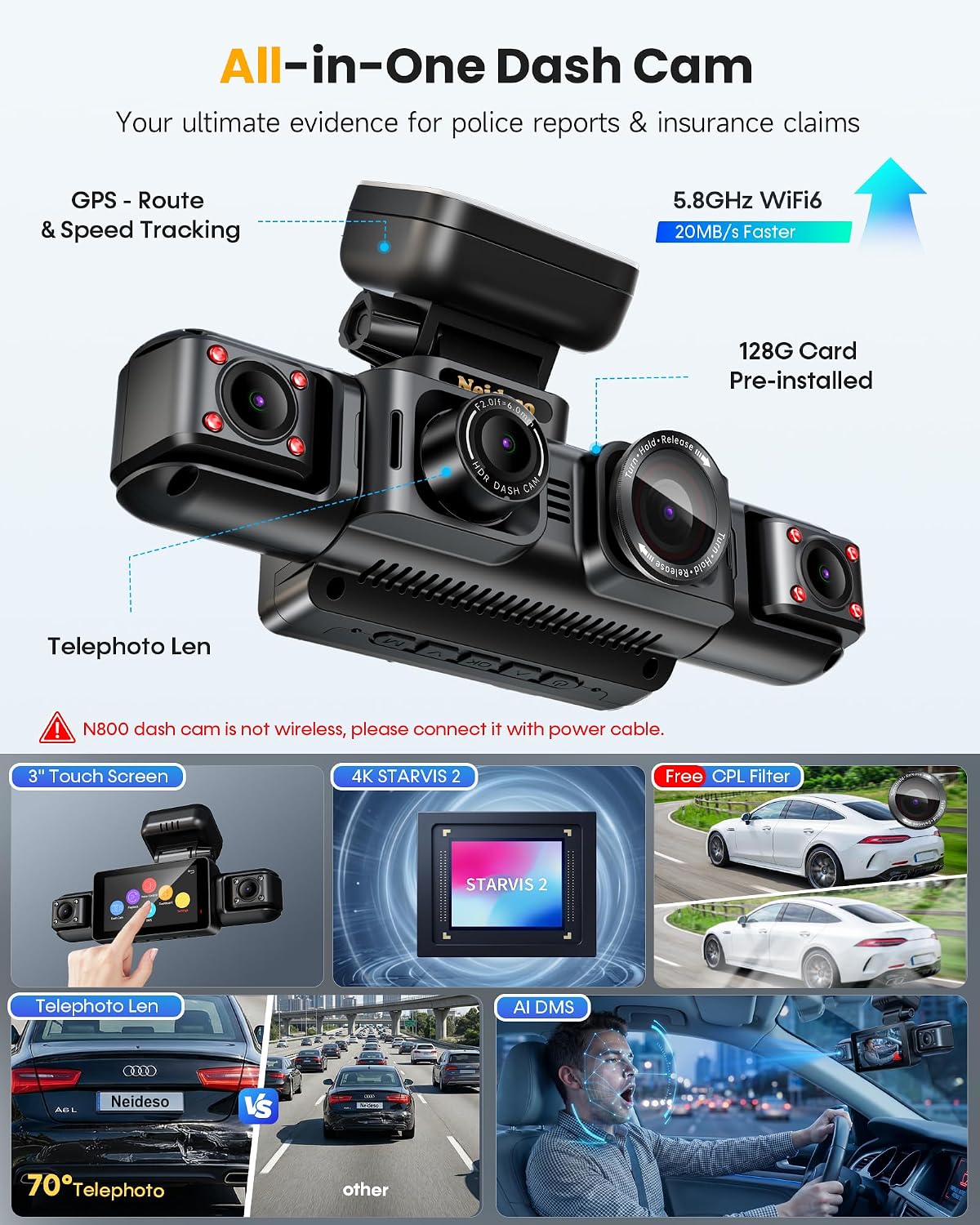 Cámara para tablero 4K de 5 canales con telefoto para detalles con zoom, vista 360°, N800