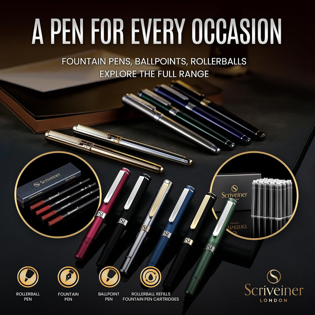 Pluma fuente Scriveiner Midnight Azul – Impresionante pluma de lujo con acabado cromado, punta Schmidt (mediana), el mejor juego de regalo para hombres y mujeres, profesionales, ejecutivos, oficina