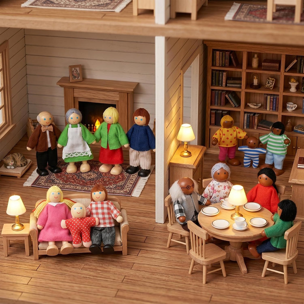 14 figuras de madera de personas de casa de muñecas, muñecas de madera posables para niñas y niños pequeños, juguete de simulación multicultural