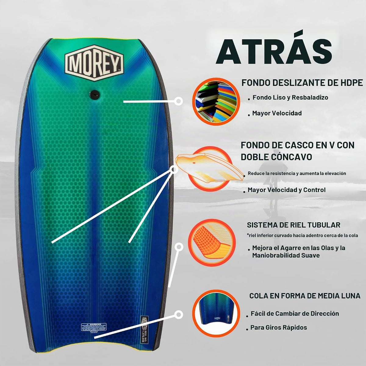 MOREY® Tabla Boogie. Mach 12 MDS, bodyboard de 42.5 pulgadas. Tablas de cuerpo de velocidad dinámica para playa, para todos los niveles de habilidad, cuerda de fibra de vidrio integrada, con correa de