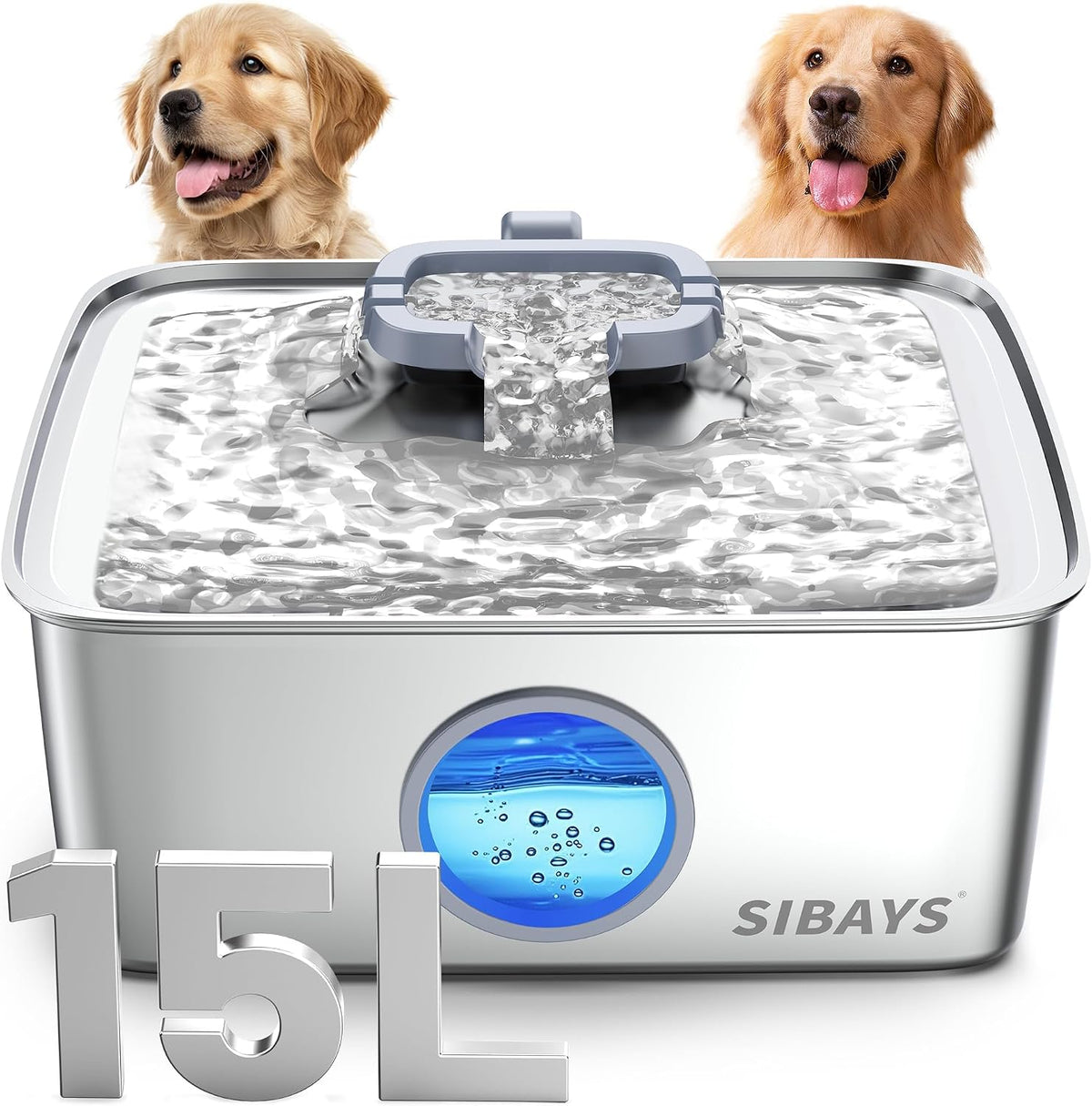 SIBAYS Fuente de agua para perros de 4 galones/15L, fuente de agua para mascotas de gran capacidad de acero inoxidable con luz LED de nivel de agua, dispensador automático silencioso para perros grandes y múltiples mascotas, fácil de limpiar, FS79