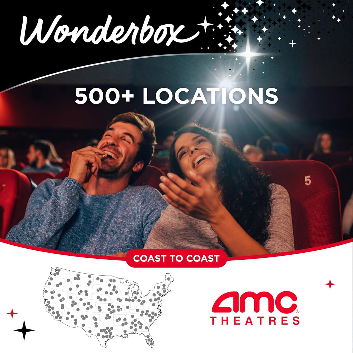 Experiencia de Noche de Cine WONDERBOX AMC para 2, Caja de Regalo con 2 Entradas de Cine, Bebidas y Palomitas, Válido en 550 Ubicaciones