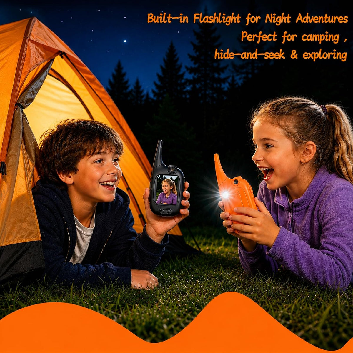 Walkie talkies de video para niños, cámara abatible y linterna, paquete de