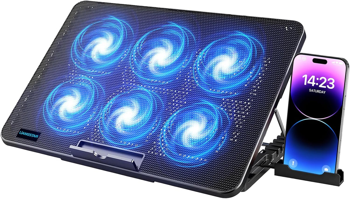 Almohadilla de enfriamiento para laptop, enfriador de laptop con 6 ventiladores silenciosos para portátiles de 12 a 17 pulgadas, soporte estable, 7 altura y velocidad del viento ajustable, 2 puertos USB y soporte para teléfono (negro)