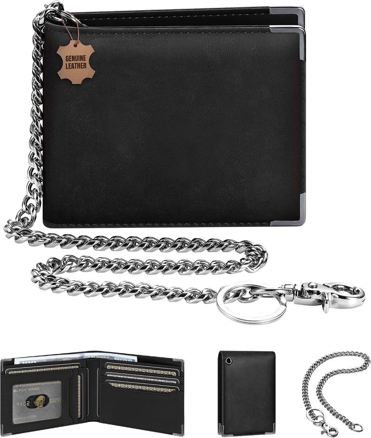 Cartera de cadena de cuero de grano completo: billetera bible para hombre