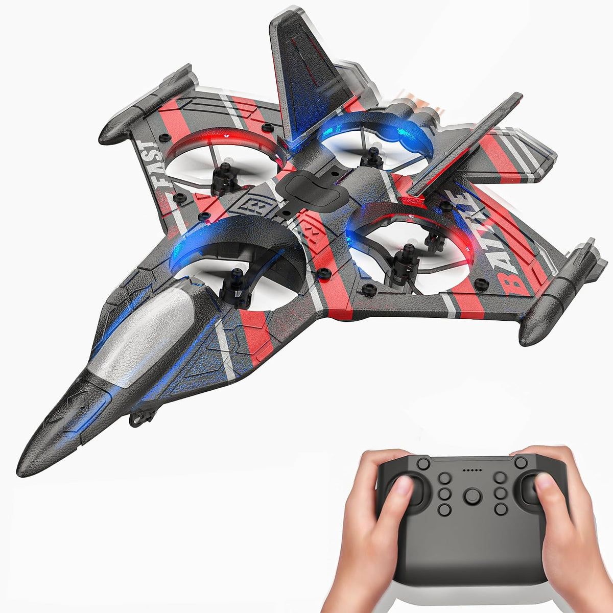 Avión RC BEZGAR para niños, Jet de combate con luces LED y giro 360°, Rojo
