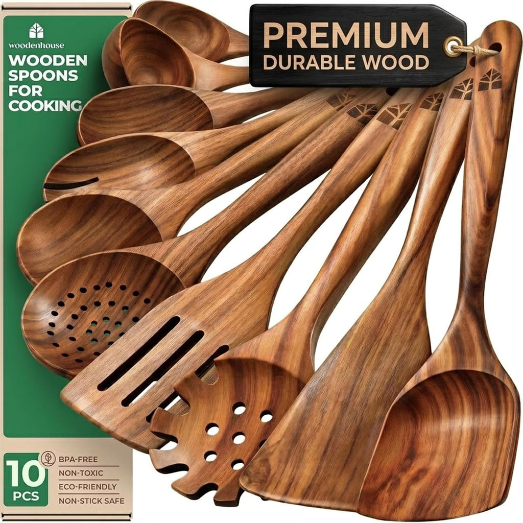Cucharas de madera para cocinar: juego de utensilios de cocina de teca no