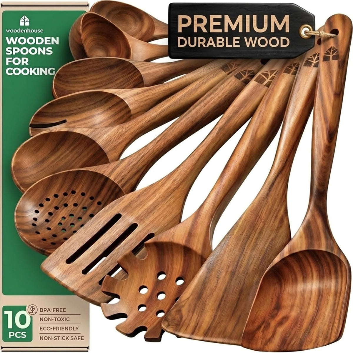 Cucharas de madera para cocinar: juego de utensilios de cocina de teca no