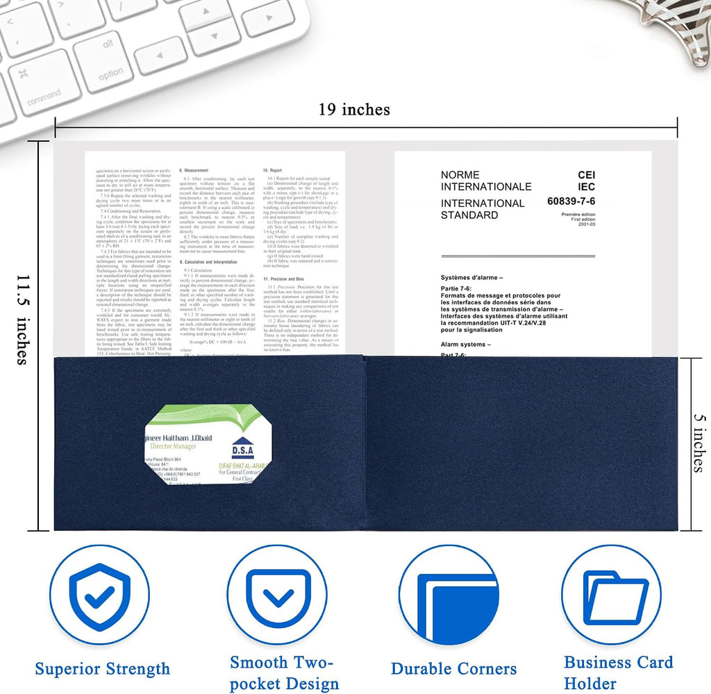 Paquete de 50 carpetas de archivos de dos bolsillos con ranura para tarjetas de visita, papel texturizado, tamaño carta, capacidad para más de 100 hojas para la escuela, oficina, negocios