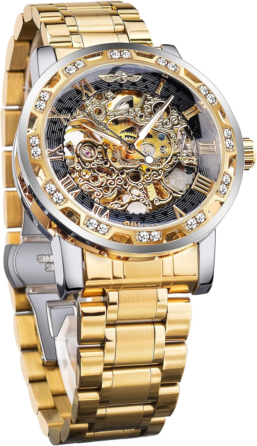 Winner Reloj de esqueleto mecánico manual retro con diamante y tallado de flores artesanales para hombre, reloj de pulsera mecánico clásico con número romano
