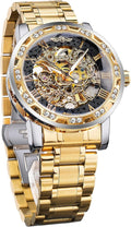 Winner Reloj de esqueleto mecánico manual retro con diamante y tallado de flores artesanales para hombre, reloj de pulsera mecánico clásico con número romano