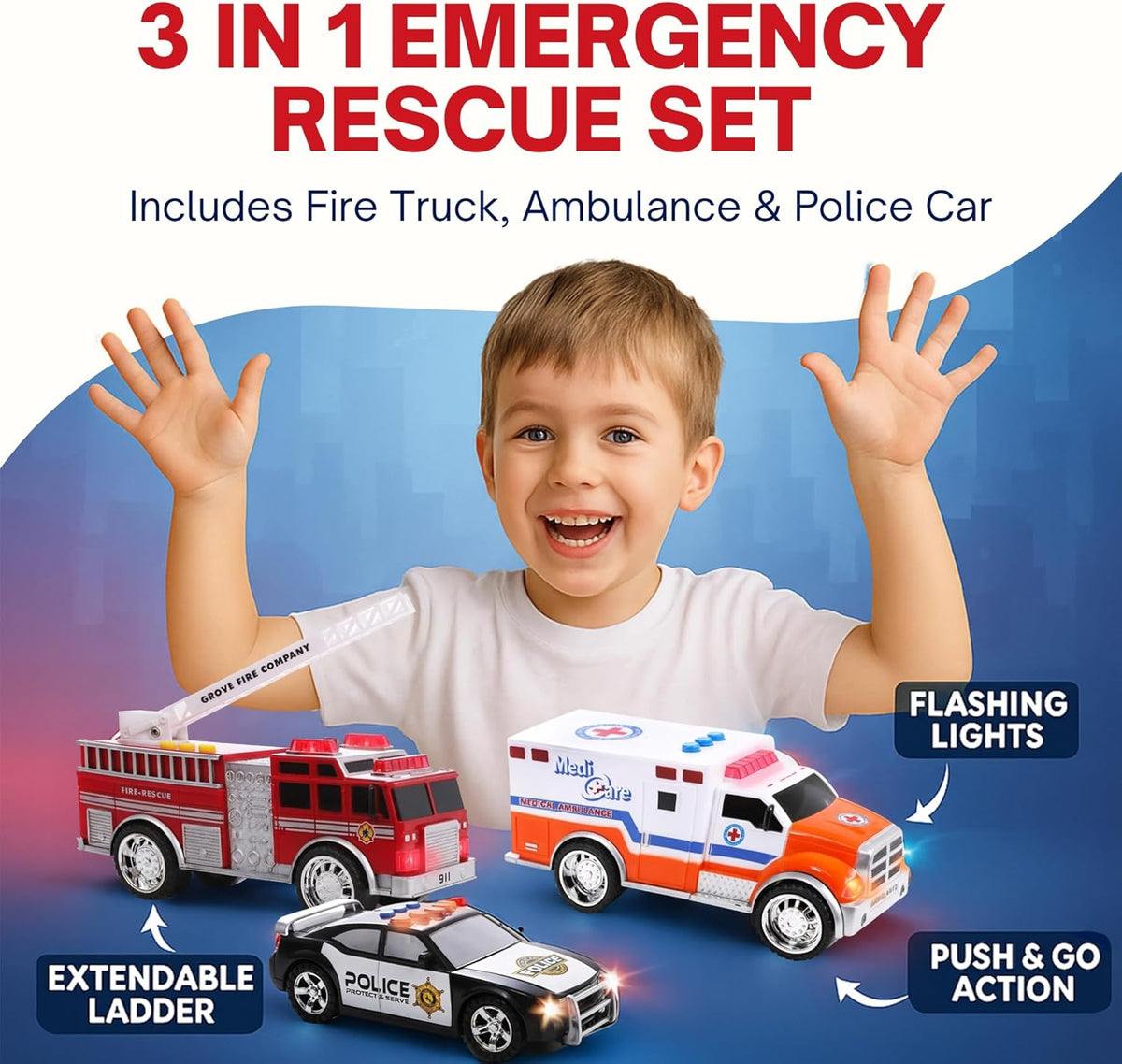 Juego de vehículos de emergencia de juguete para niños con