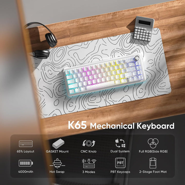 RedThunder K65 Teclado Mecánico Inalámbrico, Perilla CNC, BT5.0\/2....