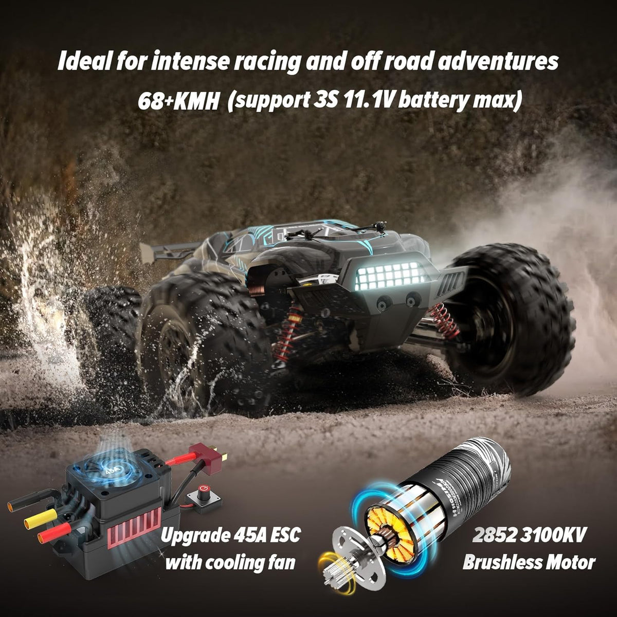Hosim 1/10 Off Road RC Cars Rápido 68KM/H, RTR Brushless RC Car, Gris mejorado
