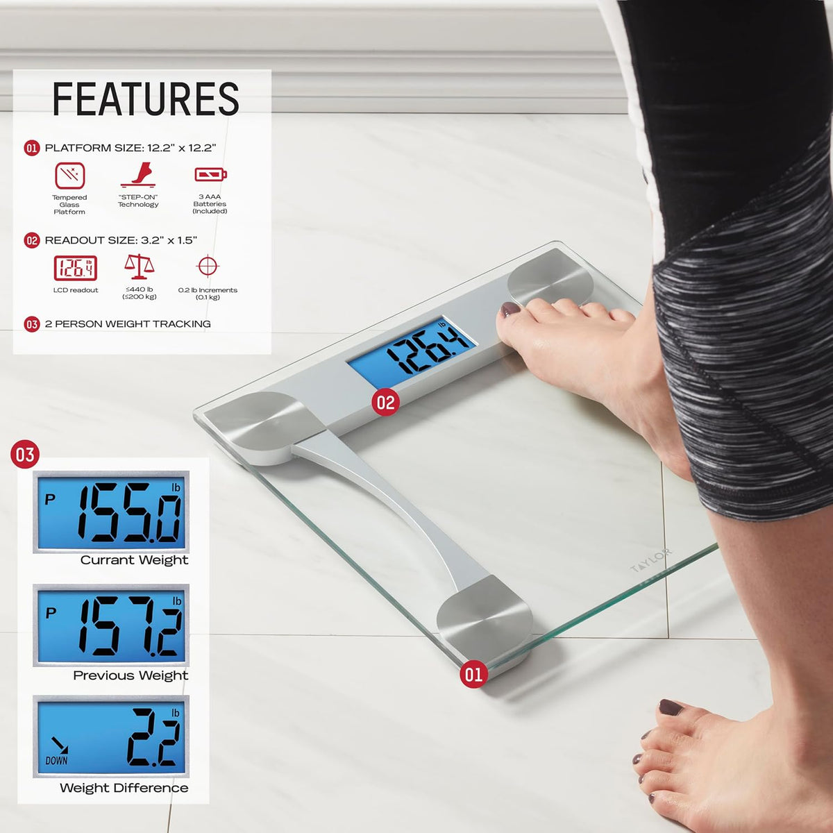 Taylor Báscula digital de baño con plataforma de vidrio y pantalla retroiluminada azul, escala de peso corporal, capacidad de 440 libras, seguimiento de peso para 2 usuarios, plataforma de 12.2