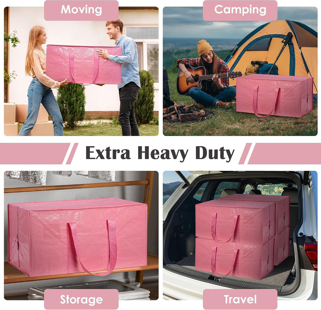 Paquete de 6 bolsas de mudanza con cremallera lateral completamente abierta, extra grandes de 93 L, resistentes al agua, plegables para almacenamiento para dormitorio universitario, mudanza y organización del hogar, color rosa