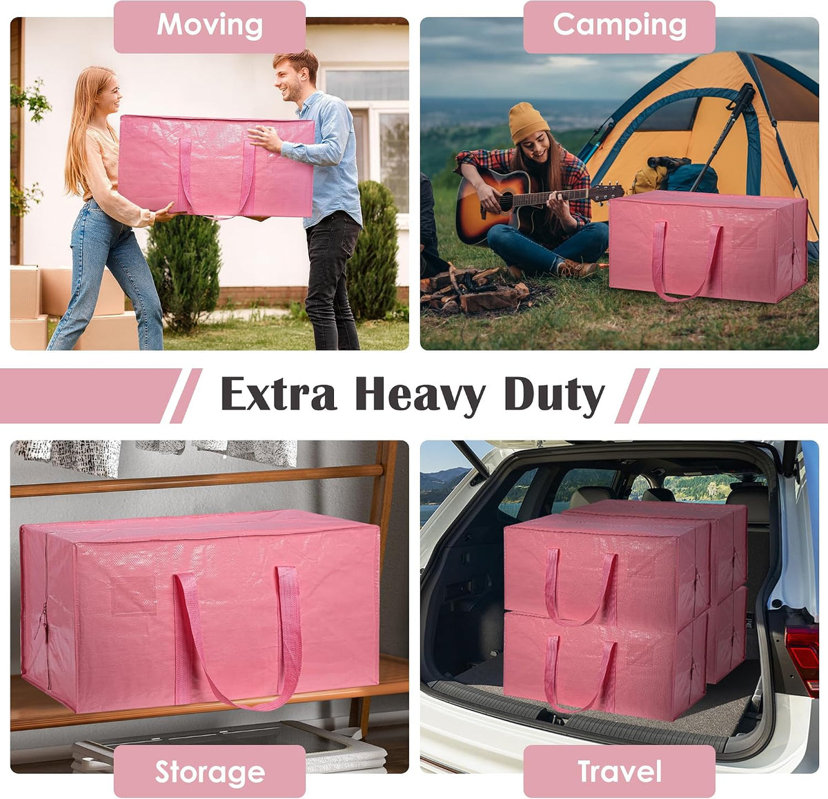 Paquete de 6 bolsas de mudanza con cremallera lateral completamente abierta, extra grandes de 93 L, resistentes al agua, plegables para almacenamiento para dormitorio universitario, mudanza y organización del hogar, color rosa