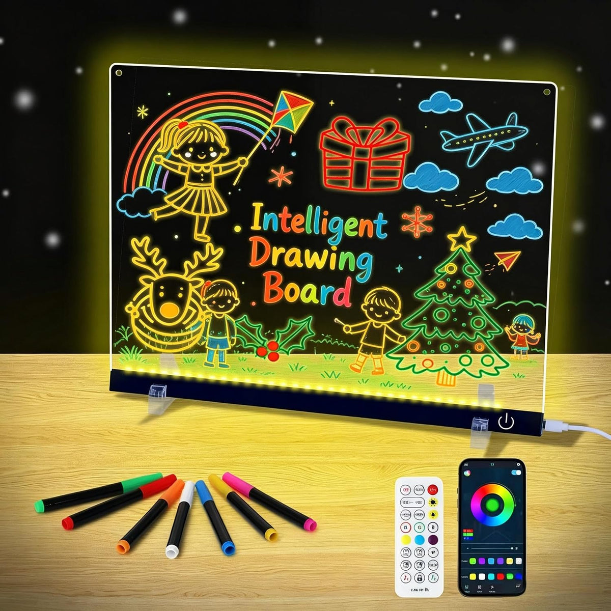 Tablero de notas LED con colores 12-colores Iluminado de acrílico para dibujo - Tablero de borrado en seco con luz nocturna y soporte para hogar/oficina/regalo/festival (35.8 cm x 27.7 cm)