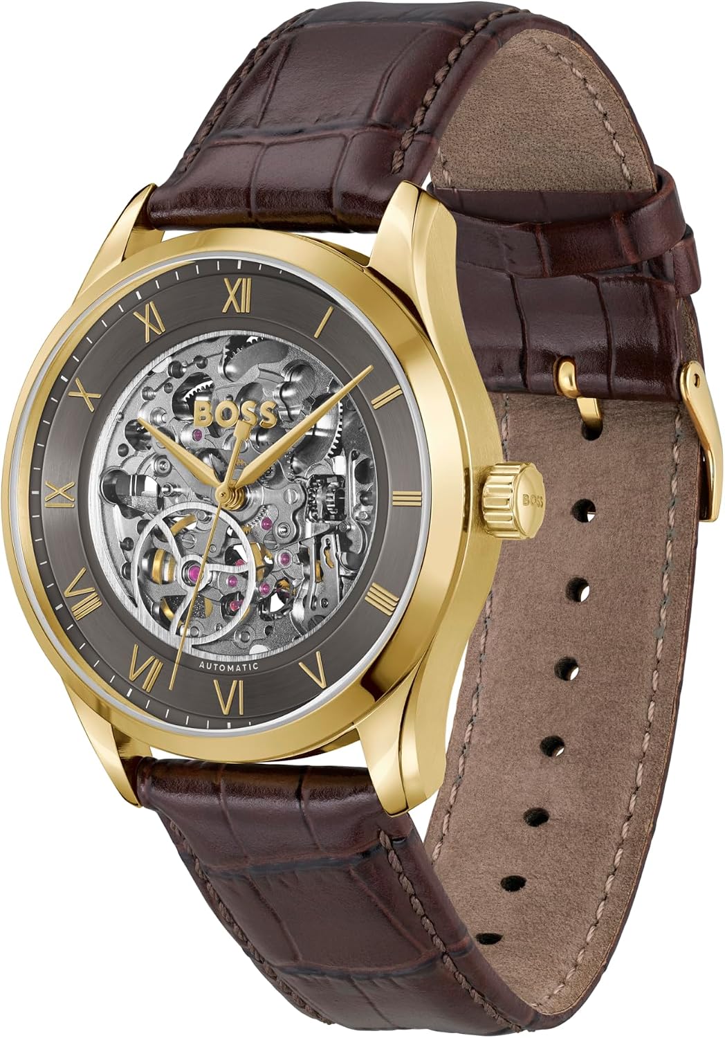 BOSS Reloj automático Principle para hombre, caja de acero inoxidable, movimiento japonés, reserva de marcha de 42 horas, esfera esquelética, caja de exposición, reloj de lujo, regalo para él