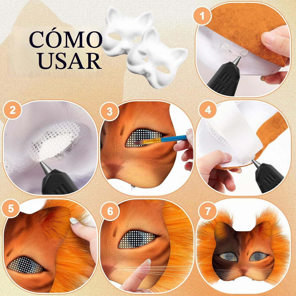 Kit de Máscara DIY Therian de 33 Piezas para Principiantes Incluye Máscara de Gato en Blanco, Tela de Piel Sintética, Tela de Fieltro, Malla de Plástico (Colores Brillantes)