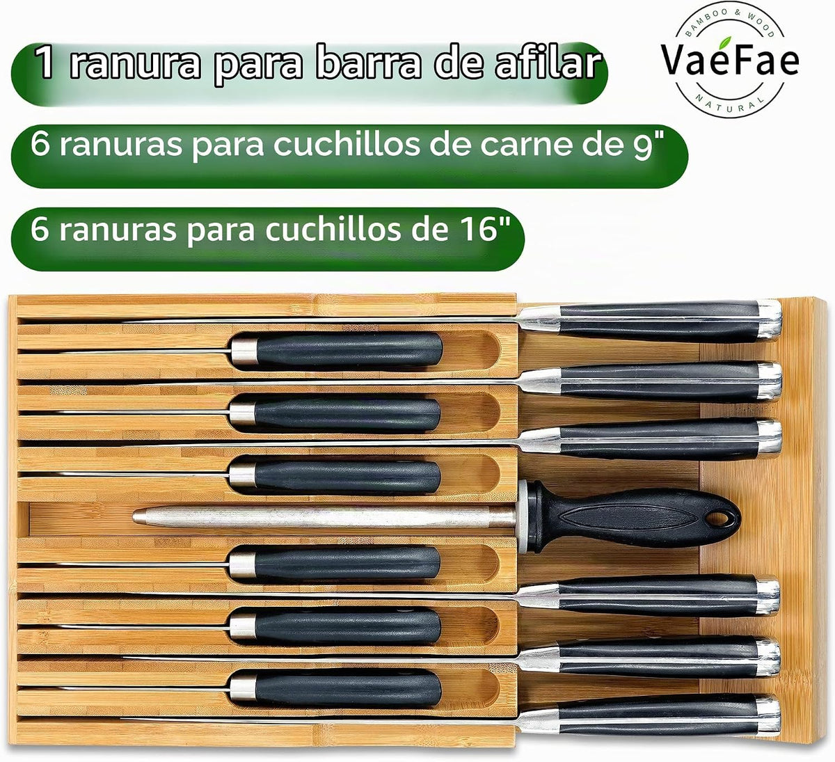 VaeFae Organizador de cajones de cuchillos de bambú, organizador de cajones de cuchillos, bloque de cuchillos de cocina para 12 cuchillos y una ranura PLUS para tu afilador de cuchillos (sin
