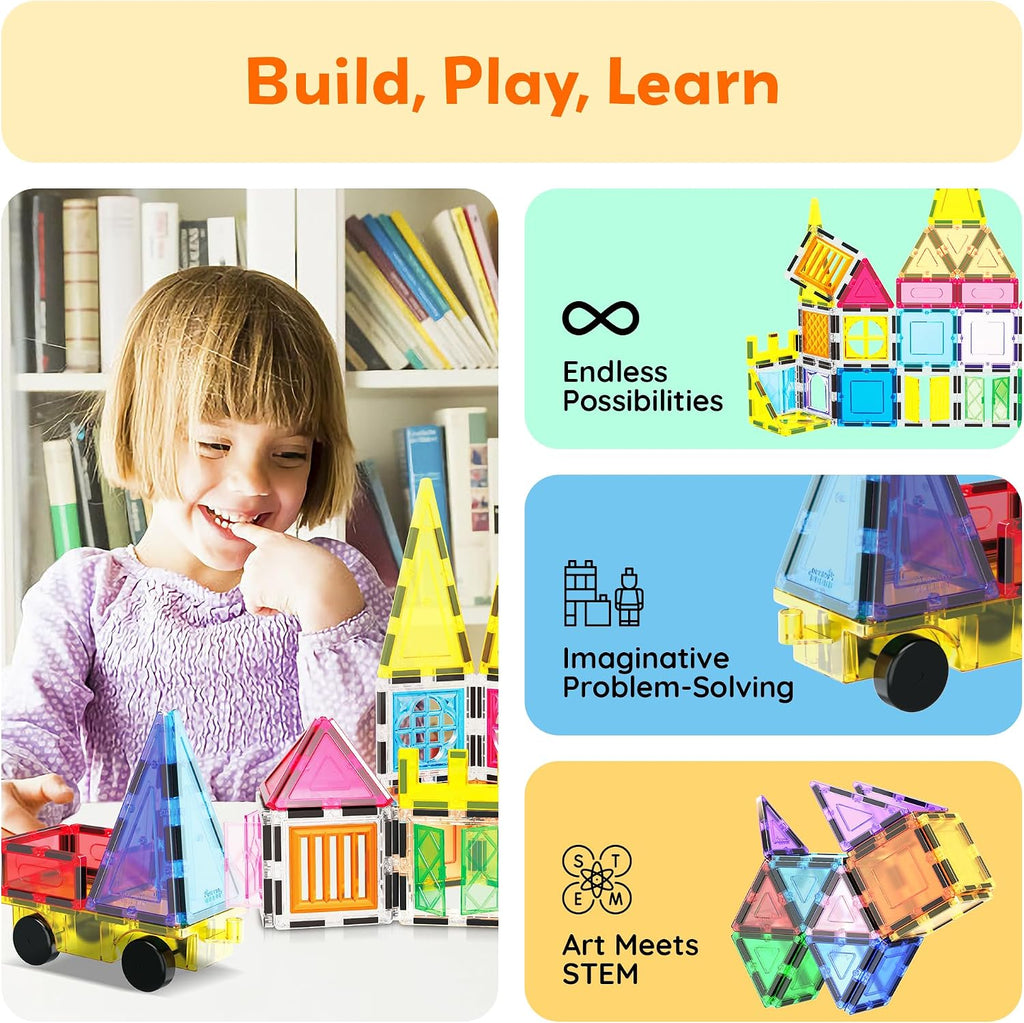 PicassoTiles Juego de 101 piezas de fichas magnéticas con bolsa de almacenamiento duradera Kit de juguetes magnéticos educativos de construcción STEM para niños pequeños, niños en edad preescolar