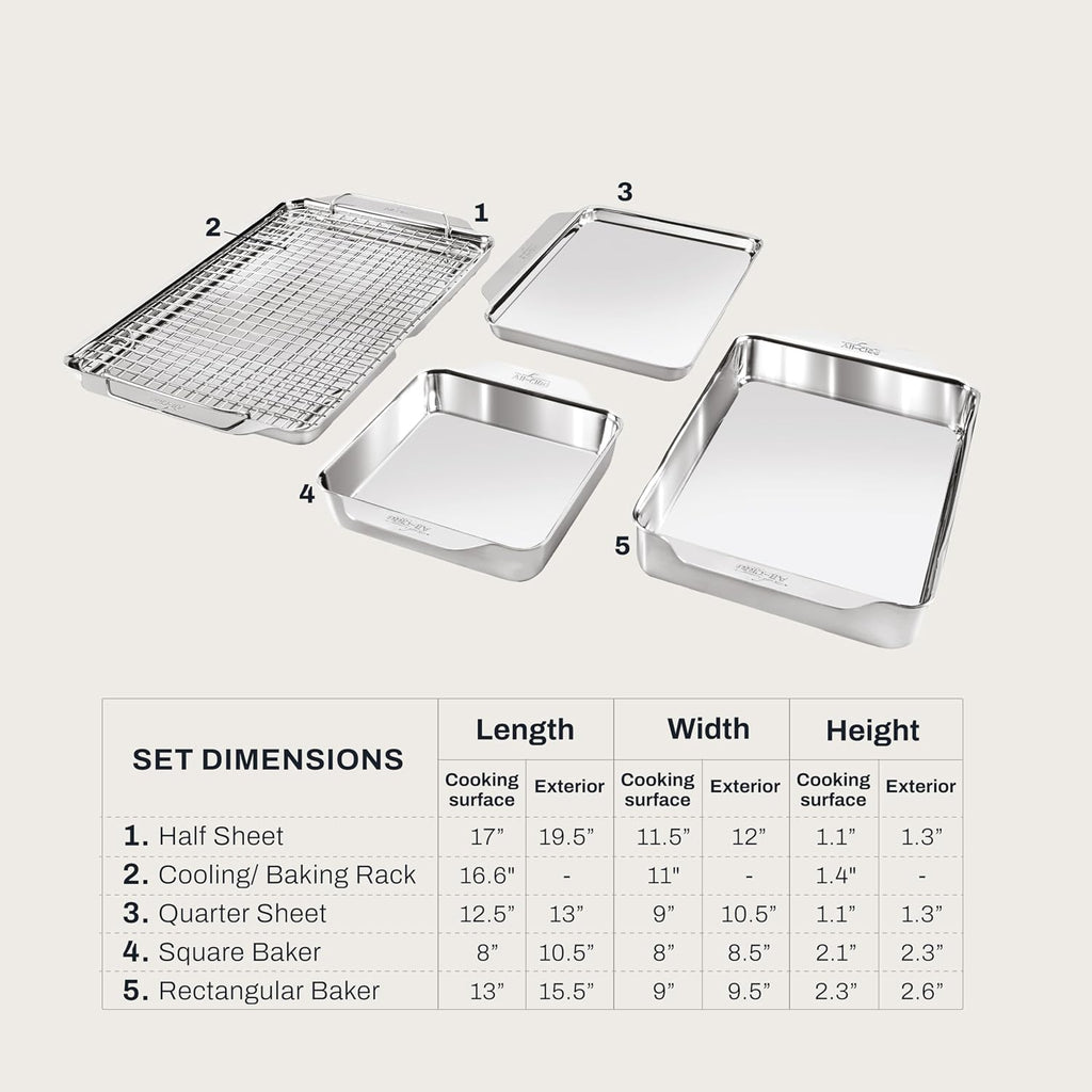 All-Clad Juego de 5 sartenes de acero inoxidable para hornear consistente, incluye bandejas cuadradas y rectangulares, bandejas para hornear y estante de enfriamiento, utensilios profesionales de