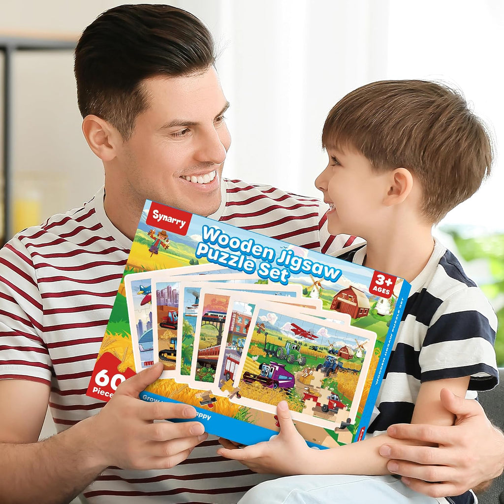 SYNARRY, rompecabezas de madera de vehículos para niños de 4 a 6 años, 6 paquetes de 60 piezas de rompecabezas, juguetes educativos preescolares, regalos para niños de 4 a 8 años, juguetes para niños