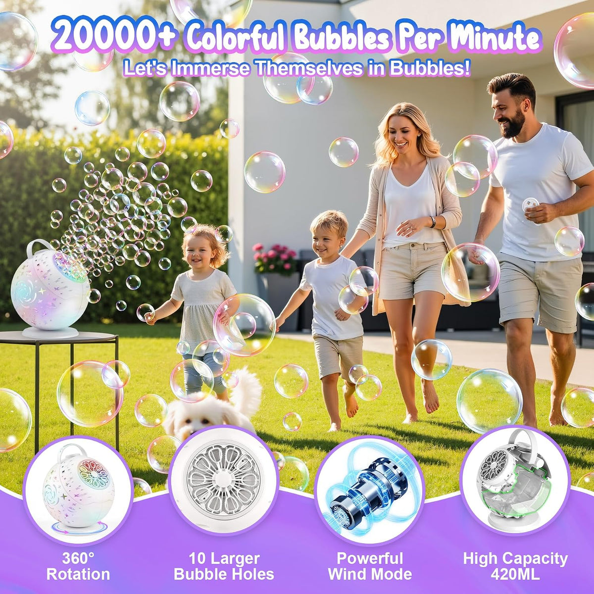 Máquina de burbujas con control remoto, rotación automática de 360° y 7 luces RGB recargable, máquina de burbujas para niños y niñas, máquina de burbujas portátil para fiestas, bodas, cumpleaños