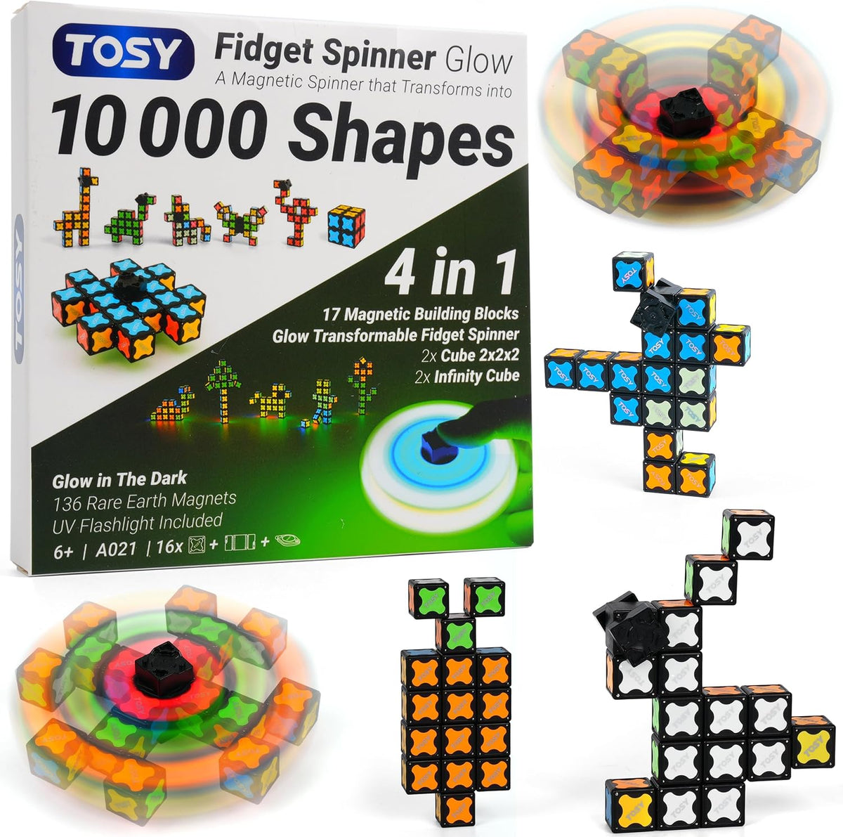 TOSY Spinner magnético Fidget Spinner Glow – 16 bloques, juguete 3 en 1: juguete transformable, cubo infinito, cubo de rompecabezas 2x2, brillo, alivio del estrés