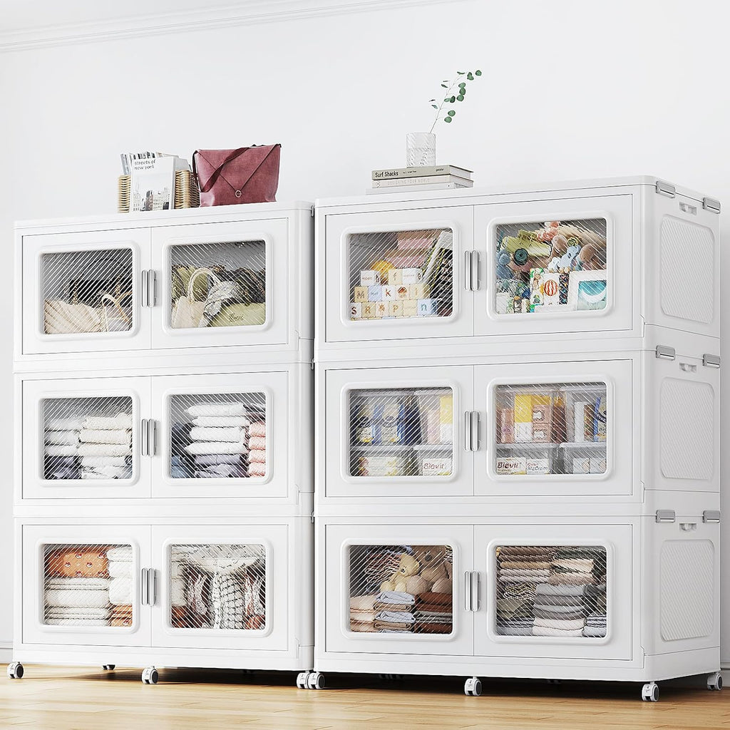BROVIEW Contenedores de almacenamiento apilables extra grandes de 450 galones con tapas y ruedas, cajón de plástico plegable resistente de 1800 cuartos de galón, caja de almacenamiento abierta para