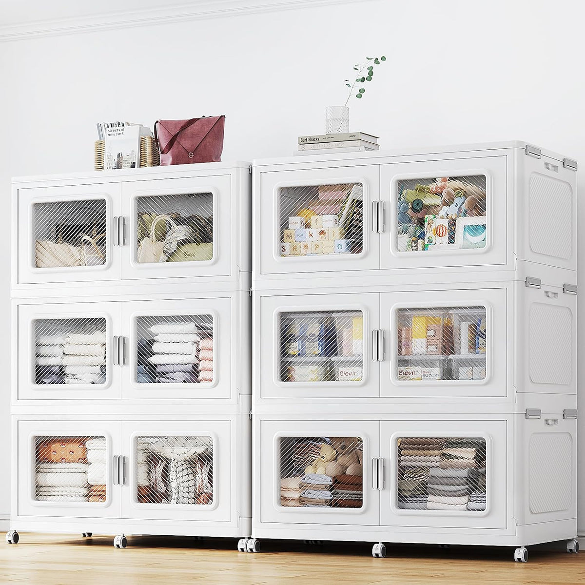 BROVIEW Contenedores de almacenamiento apilables extra grandes de 450 galones con tapas y ruedas, cajón de plástico plegable resistente de 1800 cuartos de galón, caja de almacenamiento abierta para