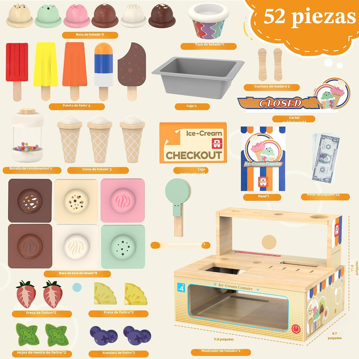 WOODMAM Juguete de madera plegable del helado, tienda de la comida del