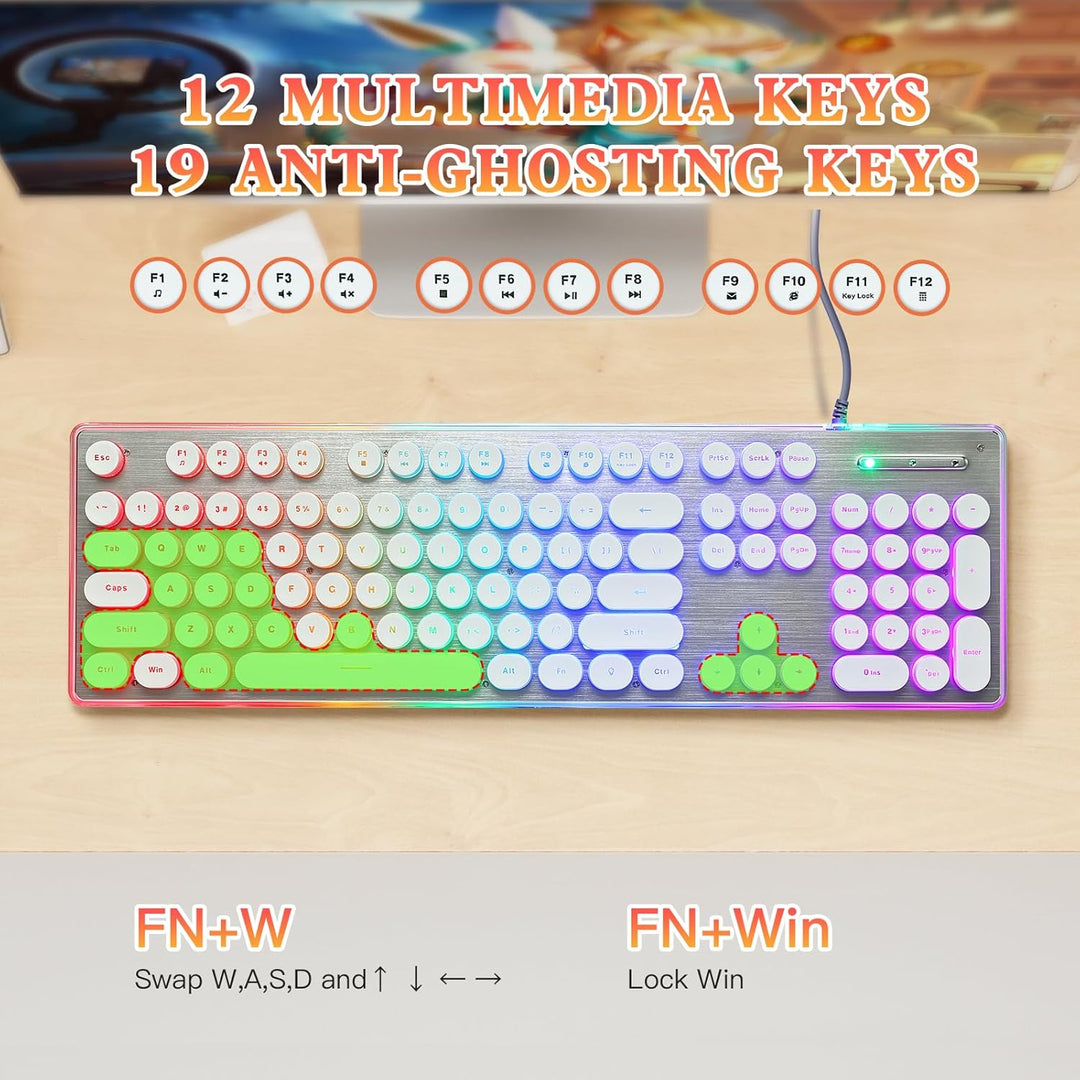 ANSWK Teclado estilo máquina de escribir con panel de metal, retroi...